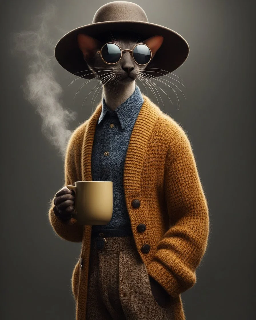 Cool Dude. slender sophisticated Oriental shorthair Siamese chocolate point cat cat standing upright on two legs wears a chunky mustard knit cardigan, patterned trousers and a wide-brimmed felt hat, cradling a steaming ceramic mug in one paw with supreme nonchalance. Exaggerated long whiskers and circular dark sunglasses complete the effortlessly cool ensemble. Full-body photorealistic 3D character render against a moody warm-grey studio background with dramatic side light
