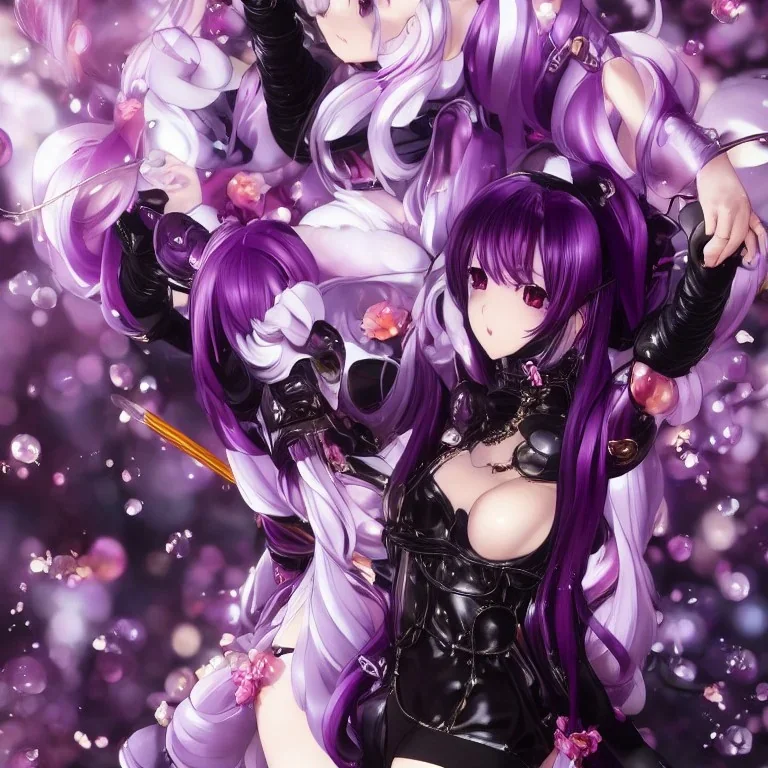 Detailed cute anime girl, purple hair buns, purple bangs, black latex bodysuit, intricate details, full body portrait, keep head in frame, slight smile, black Japanese motif, concept art, highly detailed, digital painting, concept art, sharp focus, illustration, art by Yoji Shinkawa, WLOP and greg rutkowski and alphonse mucha and artgerm and yanjun Chen and Junji ito and Makoto Shinkai, HDR, octane render