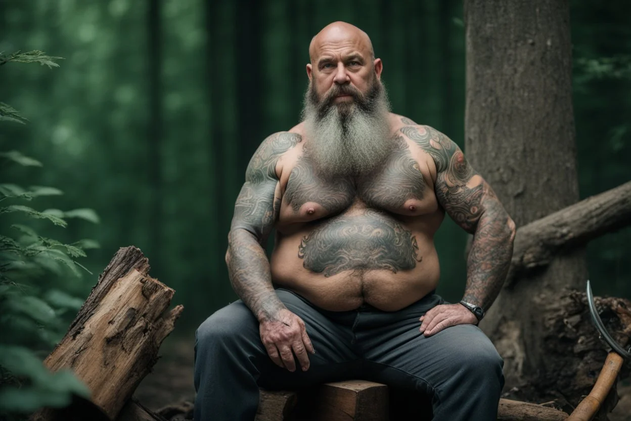 full body 50 years old woodcutter in boxer muscular chubby hairy shirtless with many tattooes with a huge bulge , body, long beard, wood background,High detail, very detailed, ultra HD, 8k, cinematic