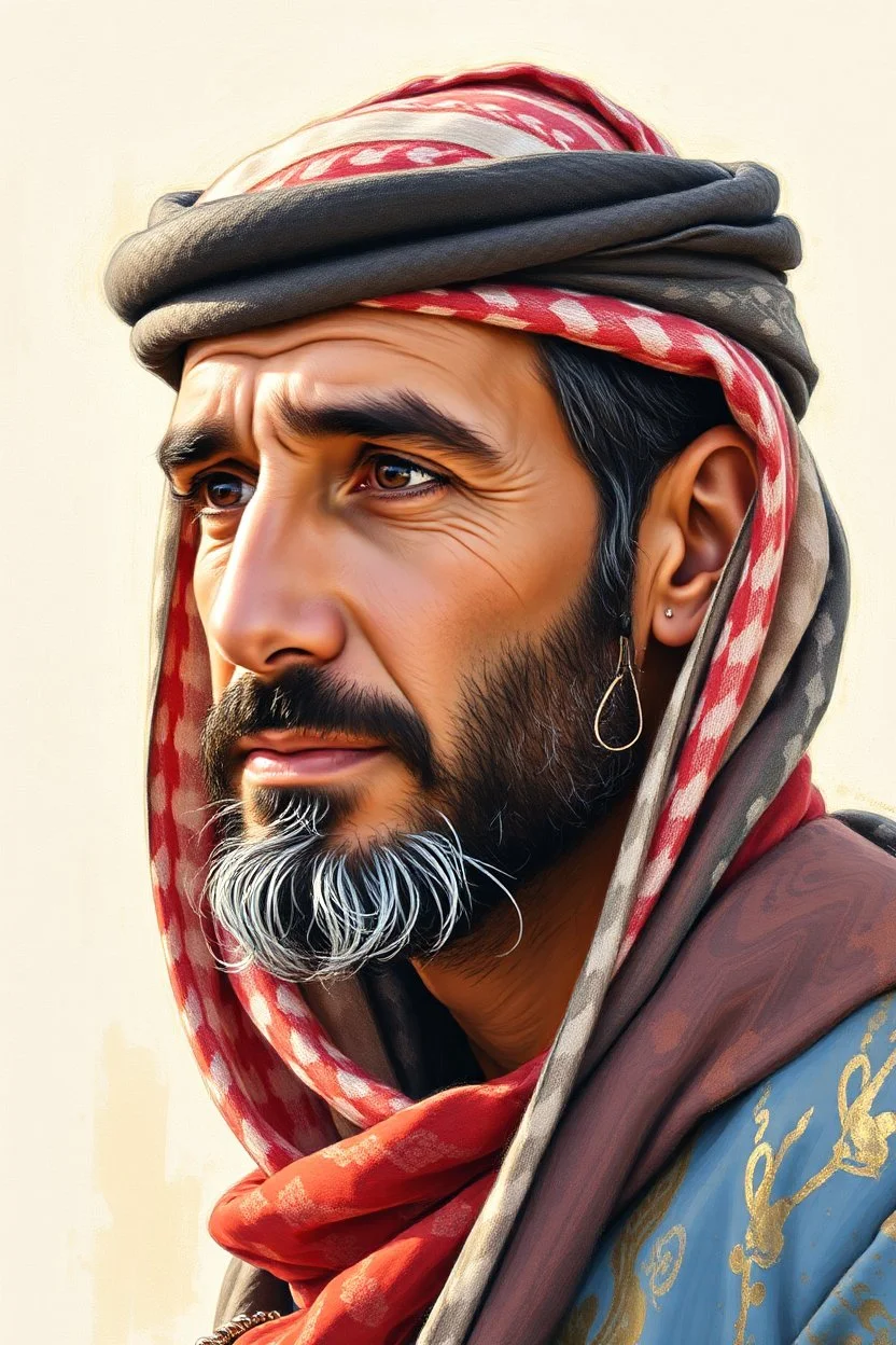 A Palestinian man, forty years old, wearing a keffiyeh, his face is beautiful, his face is turned to the right, his eyes are looking to the left, he appears to be drawn with oil paints