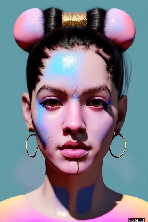 Ultra Realistic image, Rosalía artist, portrait, waist up portrait, black eye line, sweet face, gold pink and blue geisha style, spray line make up, geometric, led lights, neon, rings piercing, led ornament, fog, bubble latex coat, vibrant color, highly detailed, art stations, concept art, smooth, unreal engine 5, god rays, ray tracing, RTX, lumen lighting, ultra detail, volumetric lighting, 3d, finely drawn, high definition, high resolution.