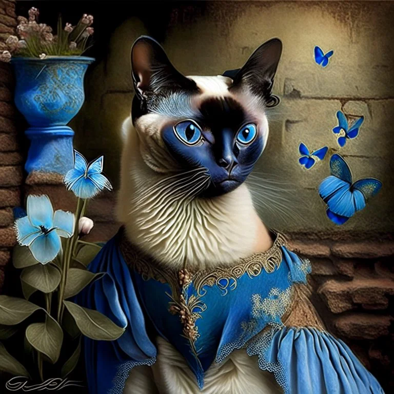 Shakespearen Siamese cat. blue eyes. Dressed in period dress. Hummingbird. lily. stone wall.