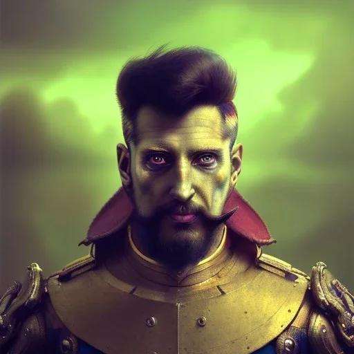 head and shoulders portrait, Arthur Kulkov, Russian, anime, circus, male, ringleader, muscular, man, strong, detailed matte painting, deep color, fantastical, intricate detail, 8k resolution, concept art portrait by Greg Rutkowski, yoji shinkawa dreamscape, mystical colors, Golden hour, colorful galaxy foreground, lisa frank fantasy, neon pastel color palette, beautiful colorful interesting detailed storybook fantasy