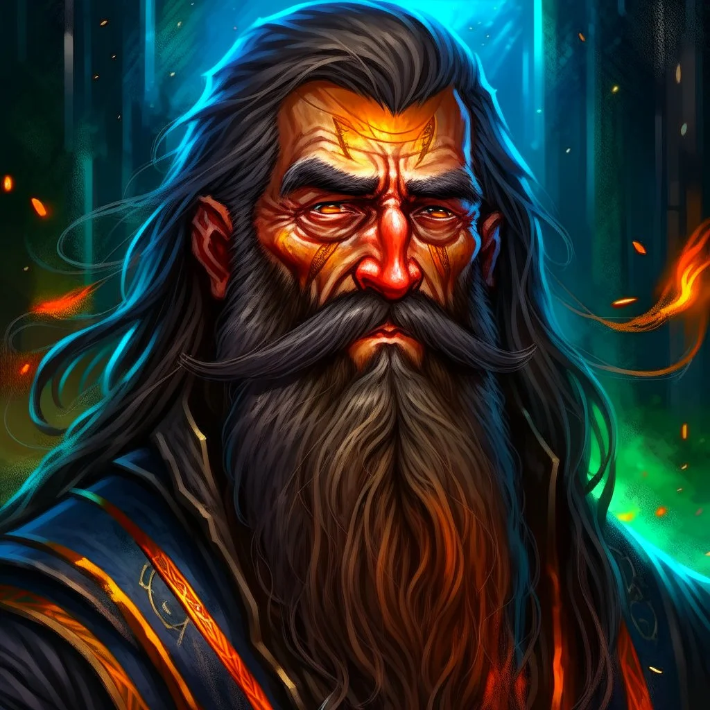 dnd, fantasy, wizard, portrait, face, close up, long beard, black hair, angular features, long, slender