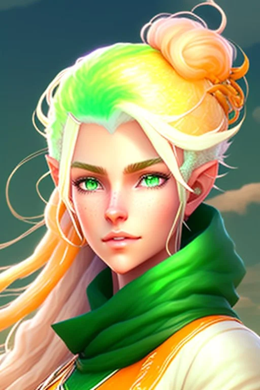 fantasy setting, woman ranger traveler with orange and white hair, pastel green eyes, kind, soft facial traits