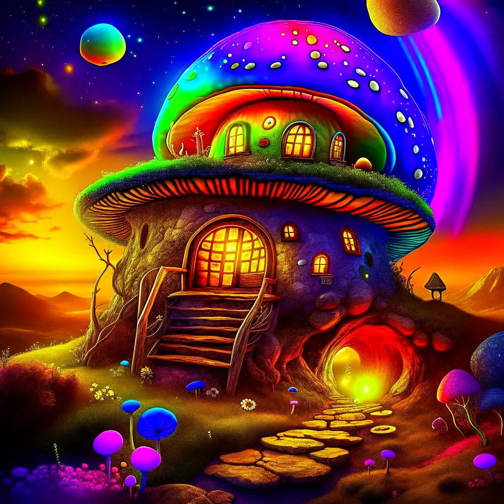 A radtastic amazeballs rainbow glowing, (((mushroom cottage))) erected atop a (grassy cliff), surrounded with imaginative (((spiraling space))), contrasted by the stark hues of a (nebulous space scape), . captured by the hand a skilled master painter with a focus on (softly textured compositions and voluminous lighting).