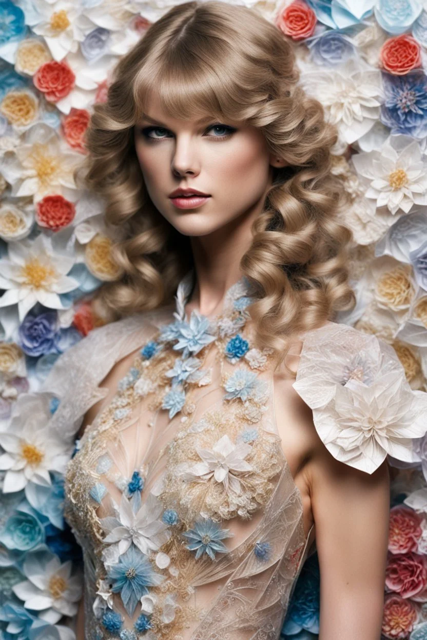 Half body photograph super star singer Taylor Swift wears quantum deity intricate origami flowers detailed quilling paper translucent plastic clothing, mixed media impressionism, fine arts and crafts, intricate embroidery, rococo spirtualism intricate details, highly detailed, cinematography