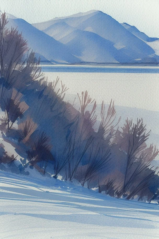 Rolling hills, lake, winter, snow, sunrise Modifiers: smooth intricate high definition beautiful lighting pencil sketch watercolor polished warm light watercolor and ink LNF