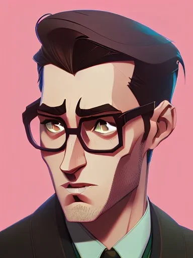 Fit man in round glasses, wavy hair, stubble,no beard, slim, tie, monotone, green eyes, comic book style, two tone colours, detailed, ink, realistic, handsome, square jaw, big brows, no jacket, bird on the shoulder, spotlight