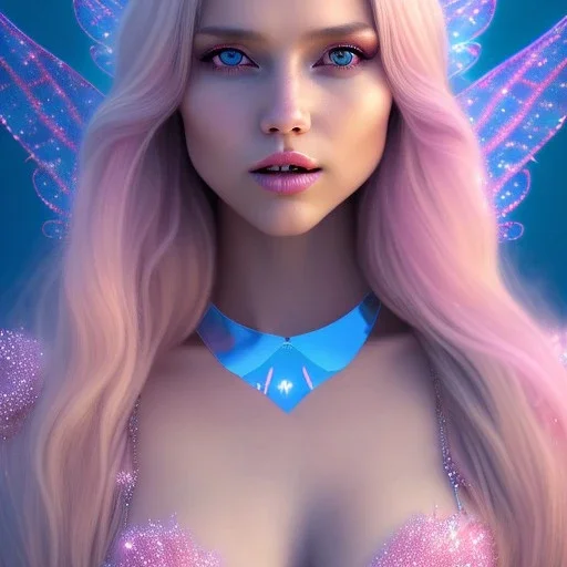 beautiful, soft, big smile face, whole head, long straight blonde hair blues eyes, crown on the head, clothing in transparent bluish and pink veil,fairy wings on the back, background brillante bluish and pink, hight definition, 8K