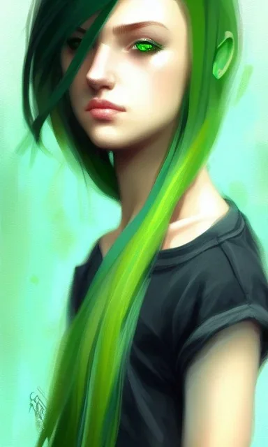 girl, cute, beautiful, green hair, casual clothes, head and shoulders portrait by Greg Rutkowski