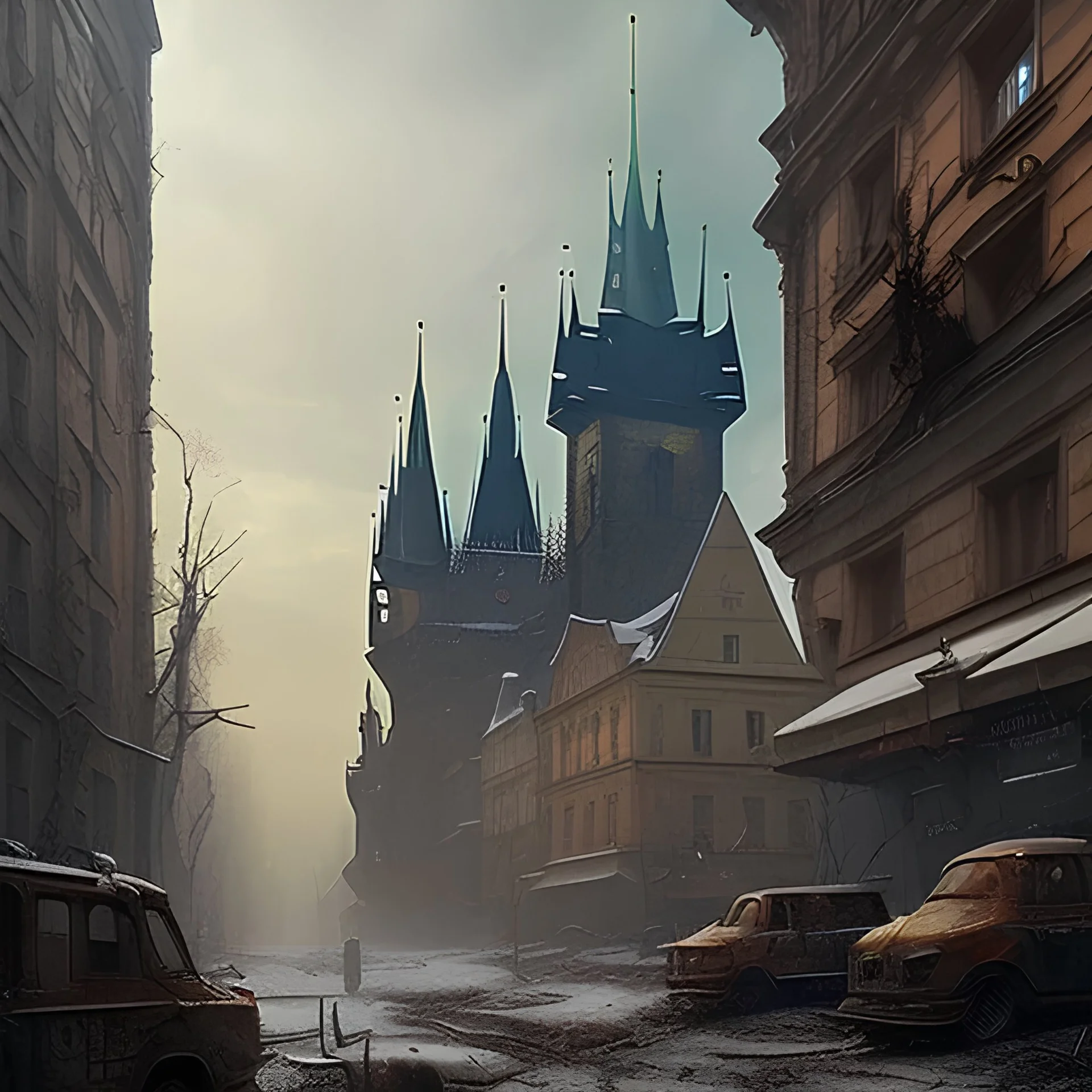 Prague abandoned city centre,Wenceslas Square, postapocalyptic, Greg Rutkowski