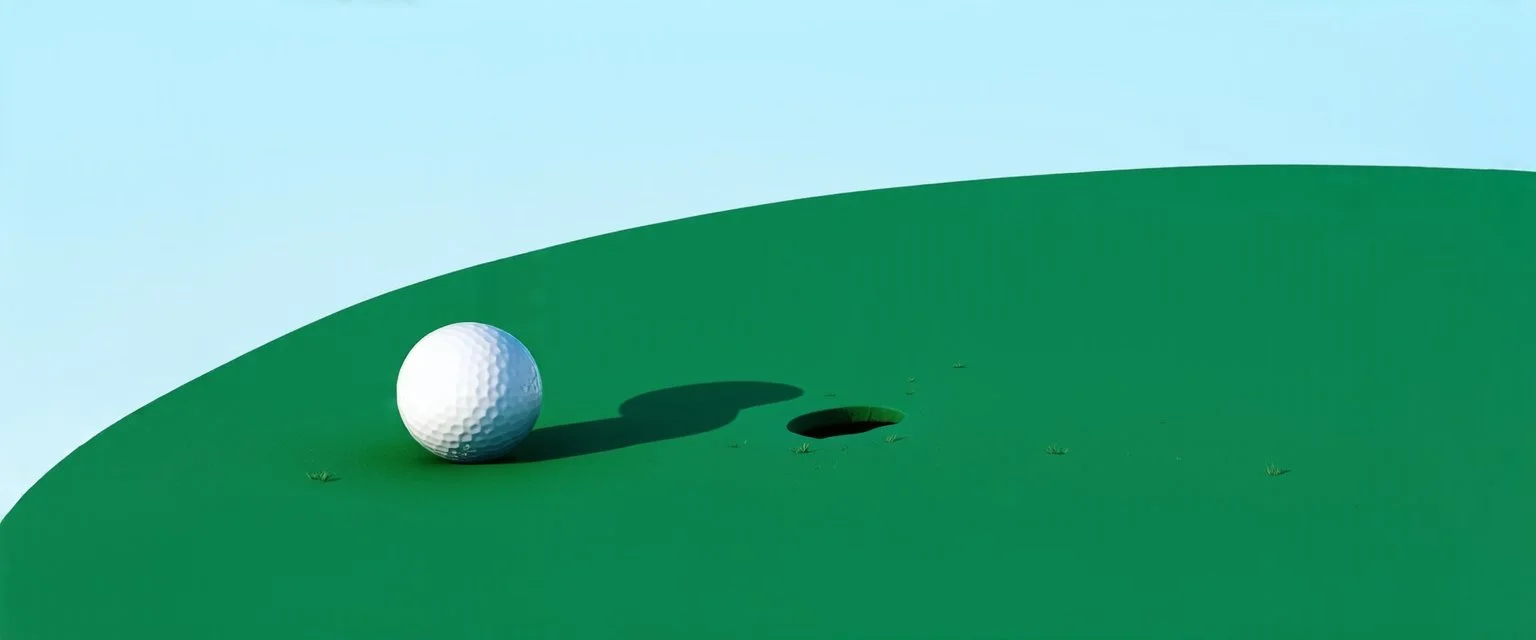 golf ball with shadow next to golf hole, short green grass, clear blue sky