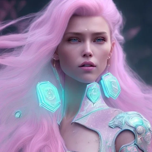 A portrait of a crystalised queen, atmospheric, realistic, unreal engine, cinematic lighting, octane render, transparent, pink turquoise light, long blond hair, pink lips, extremely sharp detail, finely tuned detail, ultra high definition, 8 k, unreal engine 5, ultra sharp focus, accurate sword wings, positive smile, highlight luminous suit blue and pink