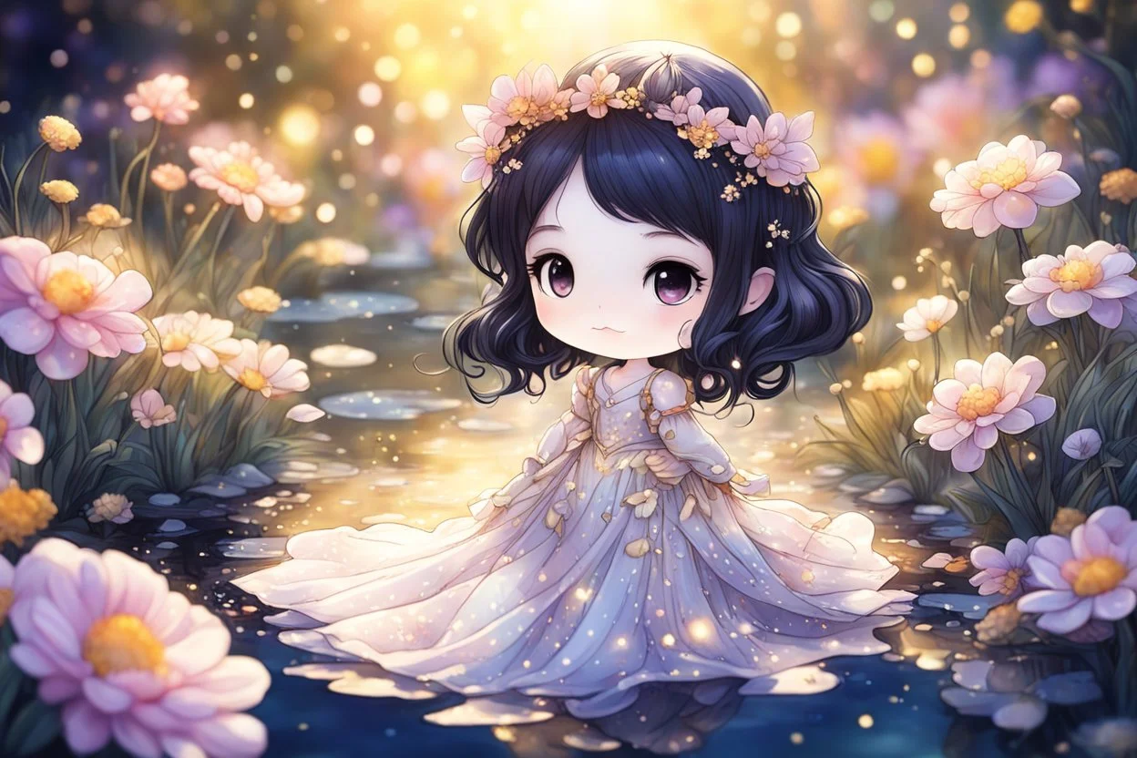 black light art, cute chibi happy anime silk princess in a flowergarden with beautiful flowers, pond, in sunshine, watercolor and black in outlines, golden glitter, ethereal, cinematic postprocessing, bokeh, dof