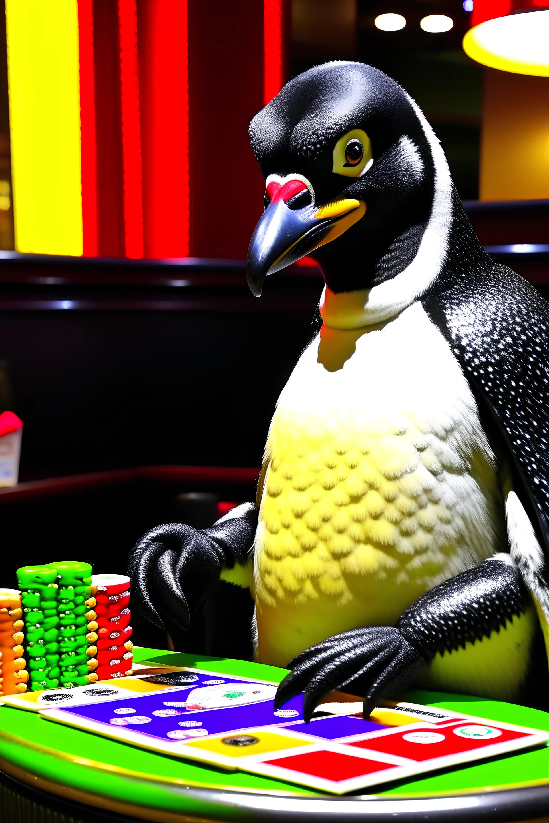 photo of a penguin playing cards at a casino, not a cartoon