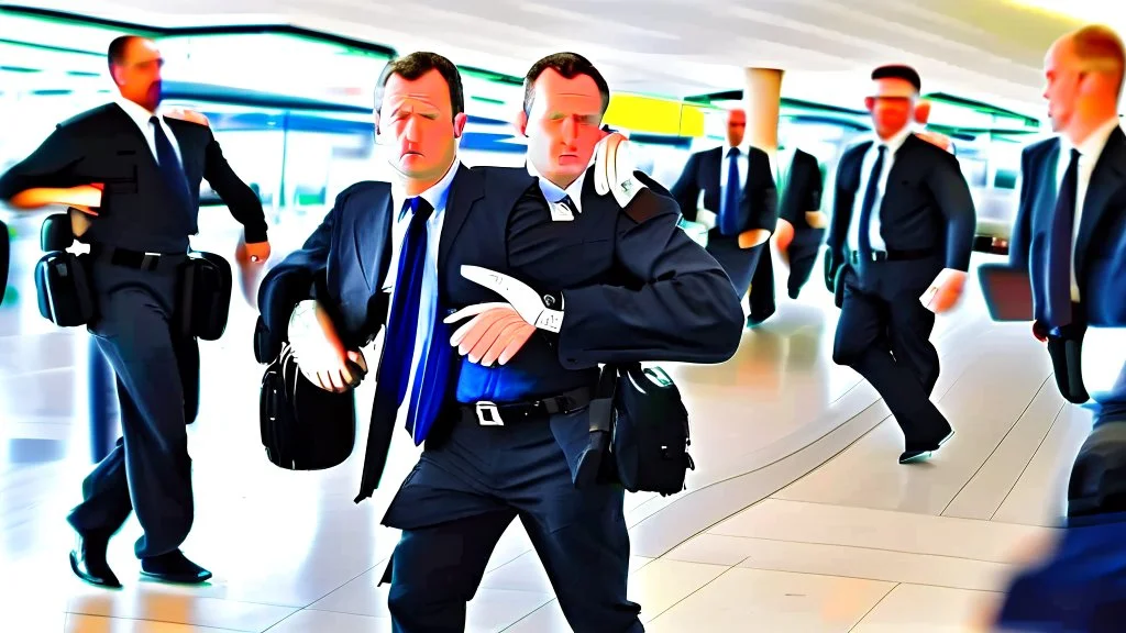 security escorting pouting man away from airport lounge