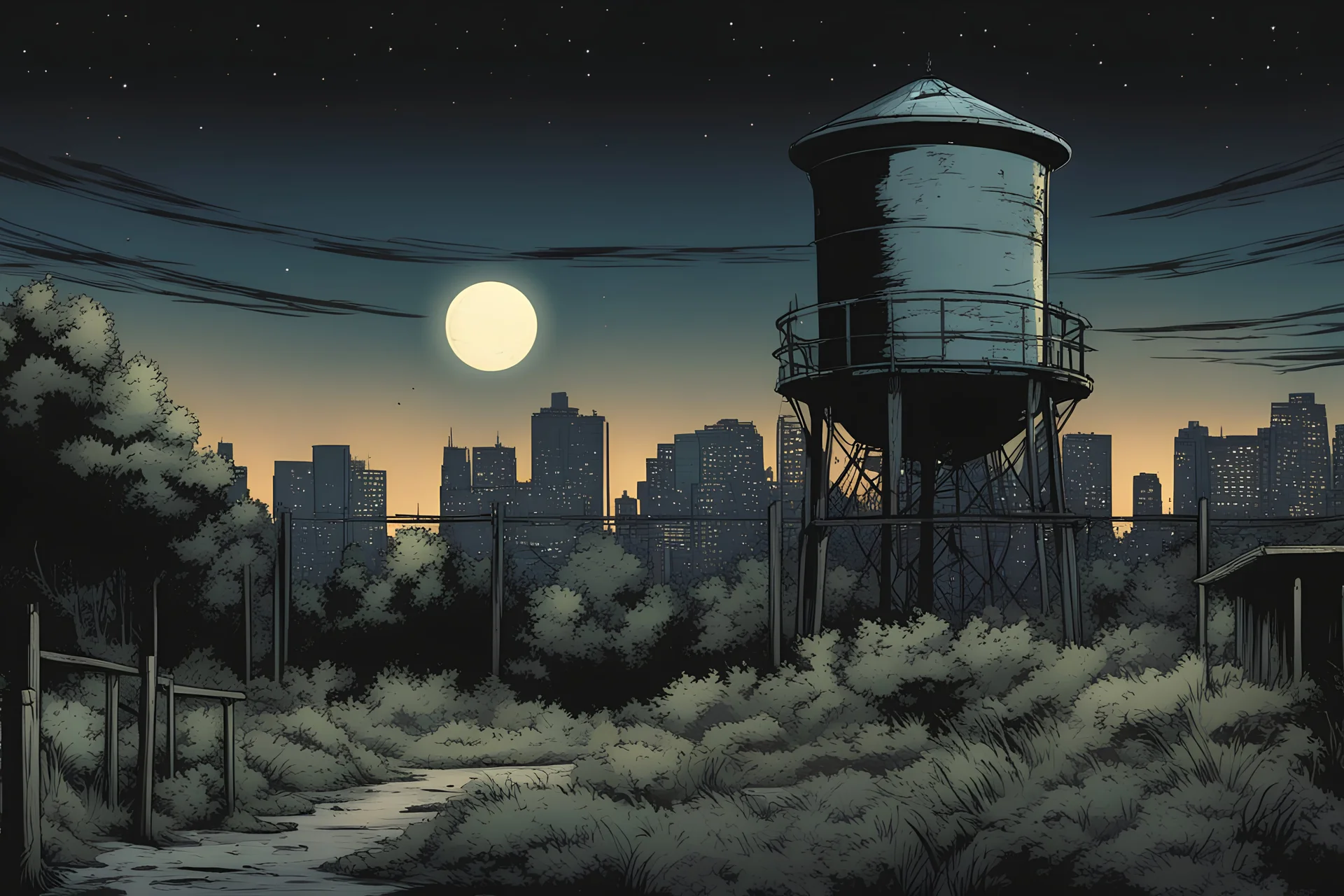 night, watertower, overgrown apocalyptic city background, comic book, fence