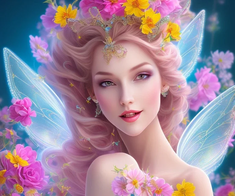 beautiful bright fairy portrait who smiles with long hair, thin face, two hands, two transparent wings on her back in a pink,blue, yellow flowers background,