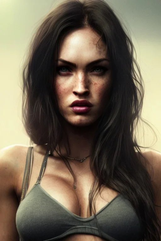 Megan Fox portrait, dark foggy city, 8k resolution, high-quality, fine-detail, digital art, detailed matte, volumetric lighting, dynamic lighting, photorealistic