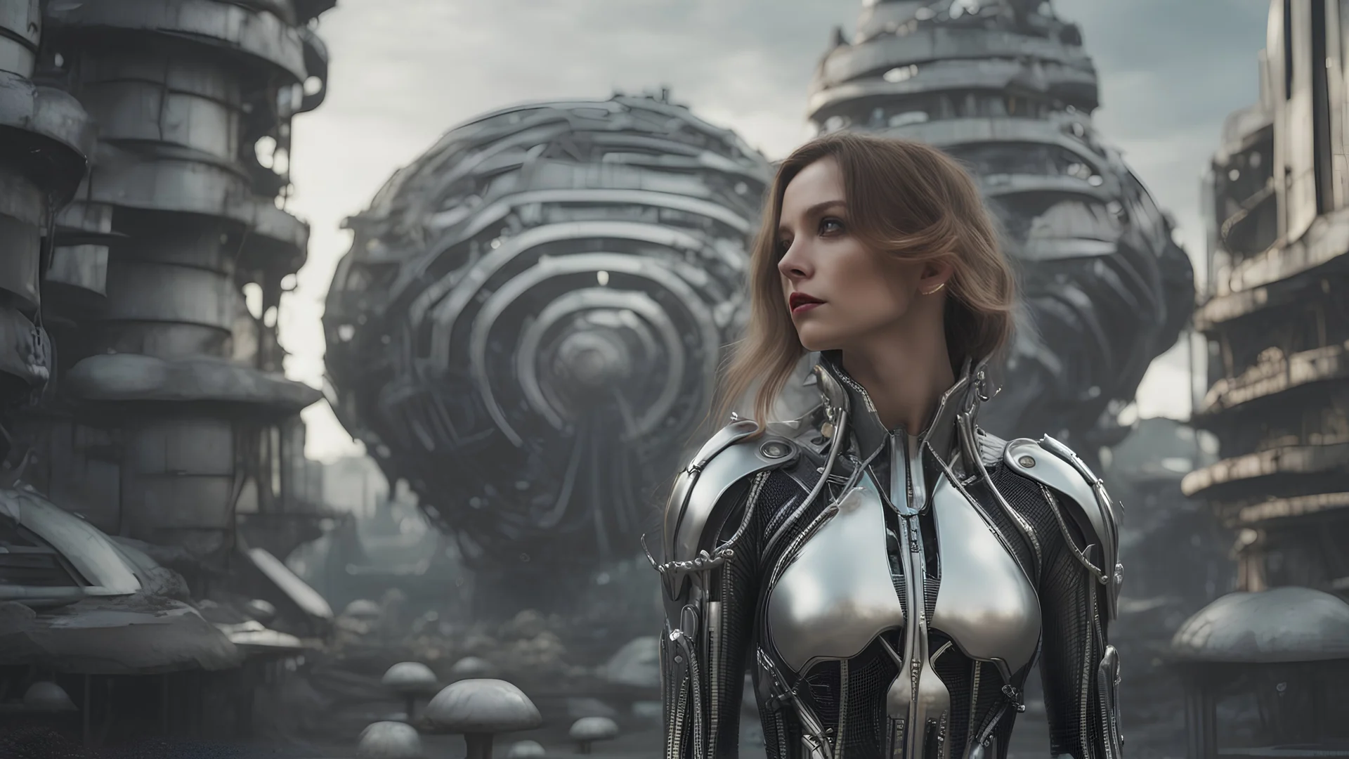 three-quarter view of a woman in a silver robotic catsuit standing in a futuristic derelict city with mushrooms with tentacles floating in the sky