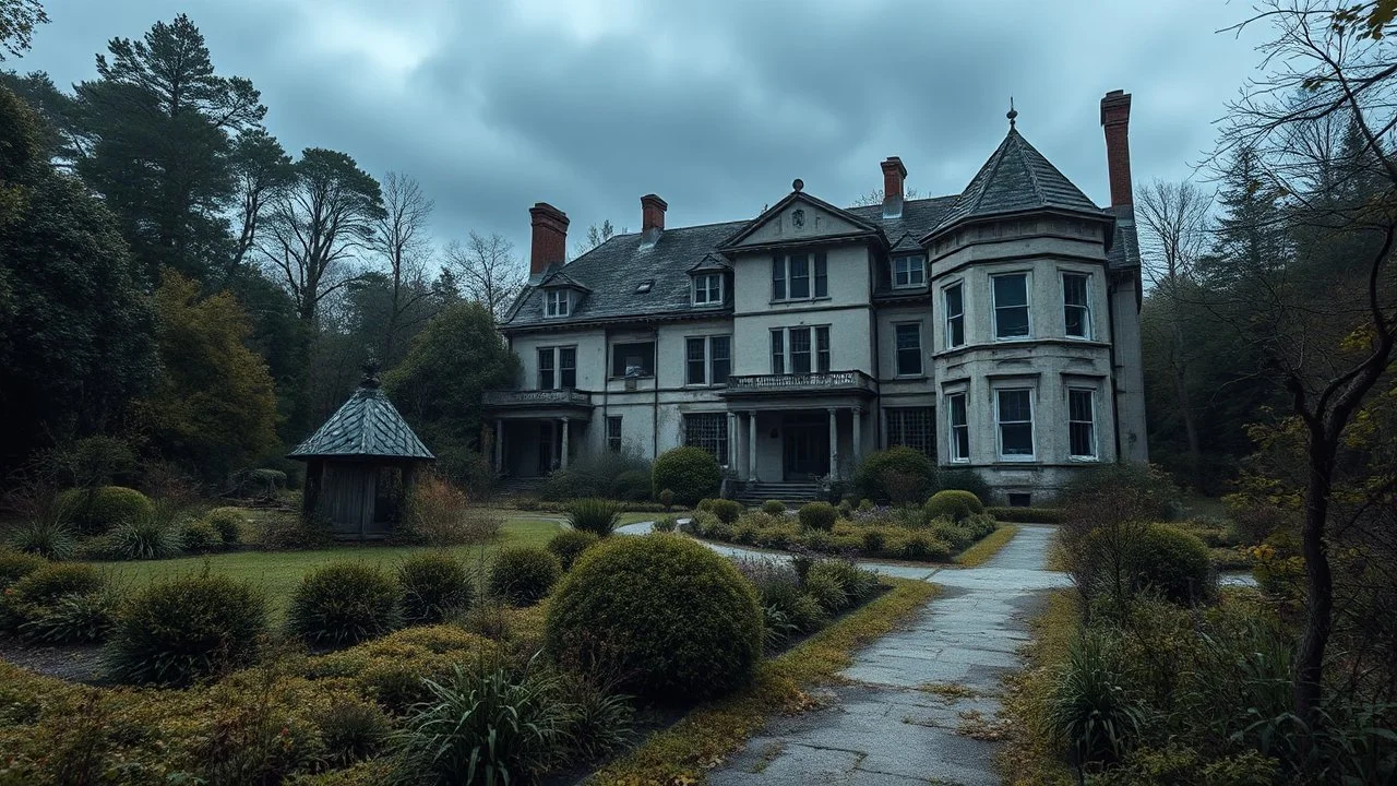 Immerse yourself in the haunting atmosphere of a sprawling, abandoned estate, its overgrown gardens and crumbling architecture a testament to its dark past.