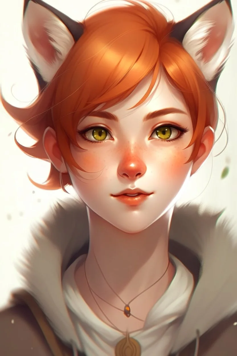 A young female with short red hair, gold eyes, large fox ears, slight smile, pale skin, freckles