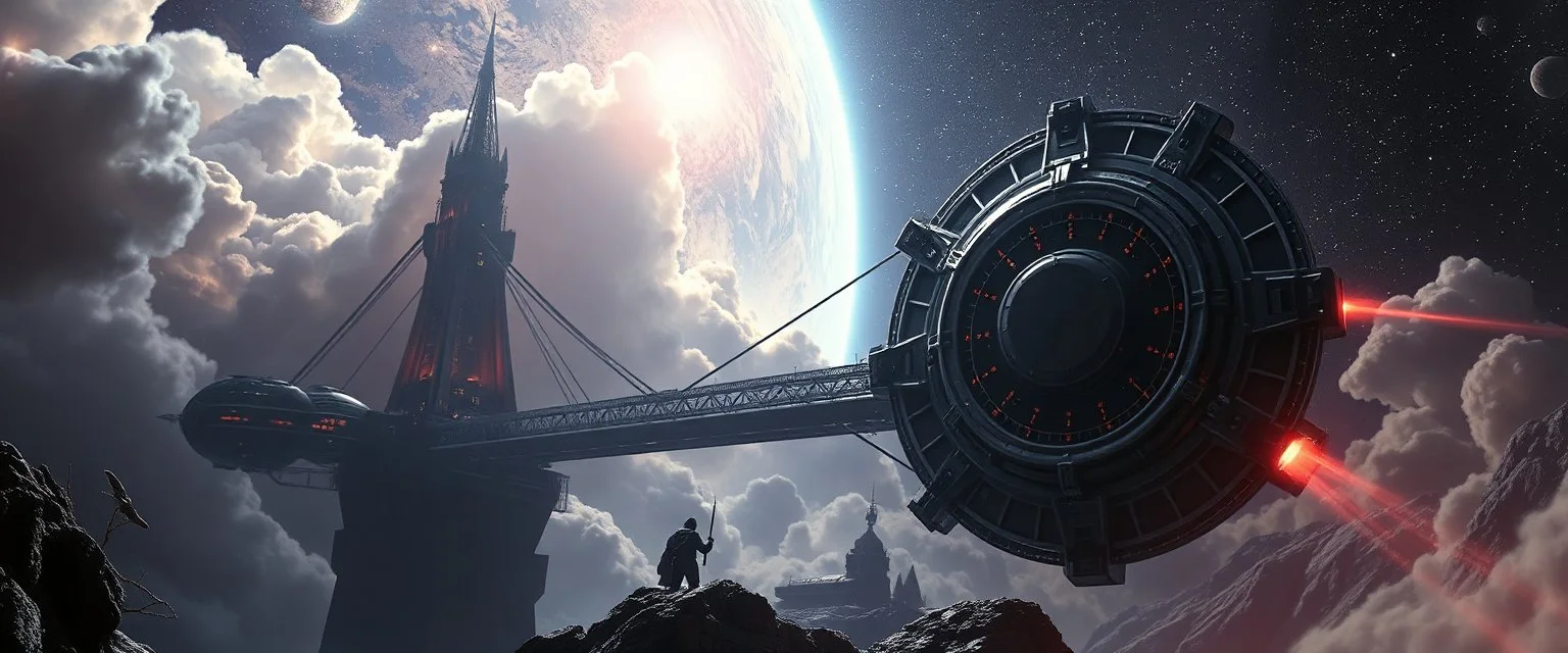 dark draw bridge space station holding huge round blade space ship, portrait of inter-galatic handsome power broker , the first nation, witchcraft, cyberpunk village, sci-fi, strange chrome vessels, volume light from stars through clouds, goa trance poster