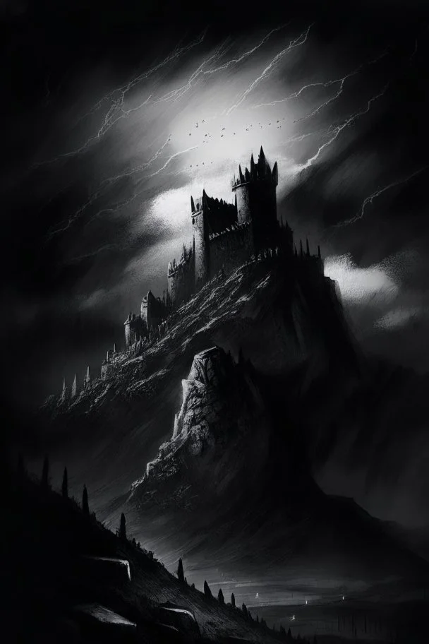 Dark and gritty drawing of a fortress in mountains, dark skies, towers