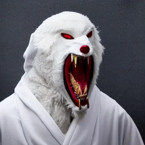 White monster man with wolf mouth in robes