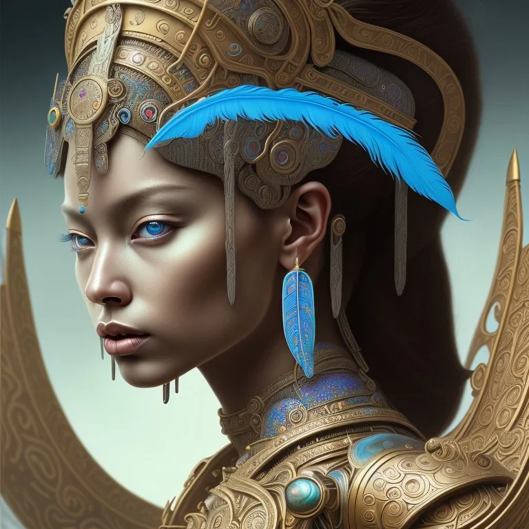 Sango fantasy, fantasy magic, intricate, sharp focus, illustration, highly detailed, digital painting, concept art, matte, art germ and Paul Lewin and Kehinde Wiley, masterpiece Mayan princess dancer head bronze feather's' Asian Latin girl nice breast brown Thai hair turquoise silver blue sky