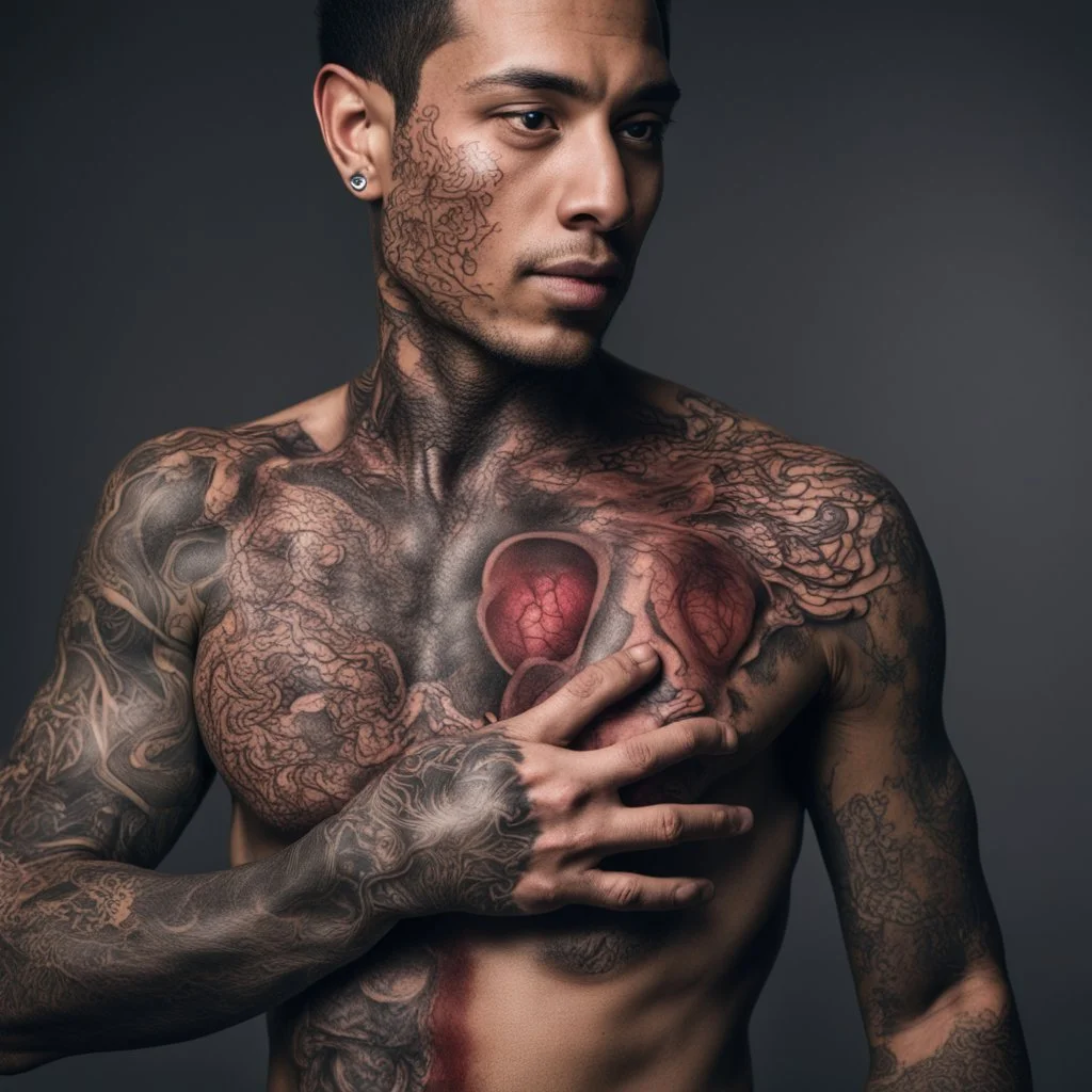 man with light skin with the entire cardiovascular system tattooed, nikon 70mm lens, photo, professional studio photo, very real