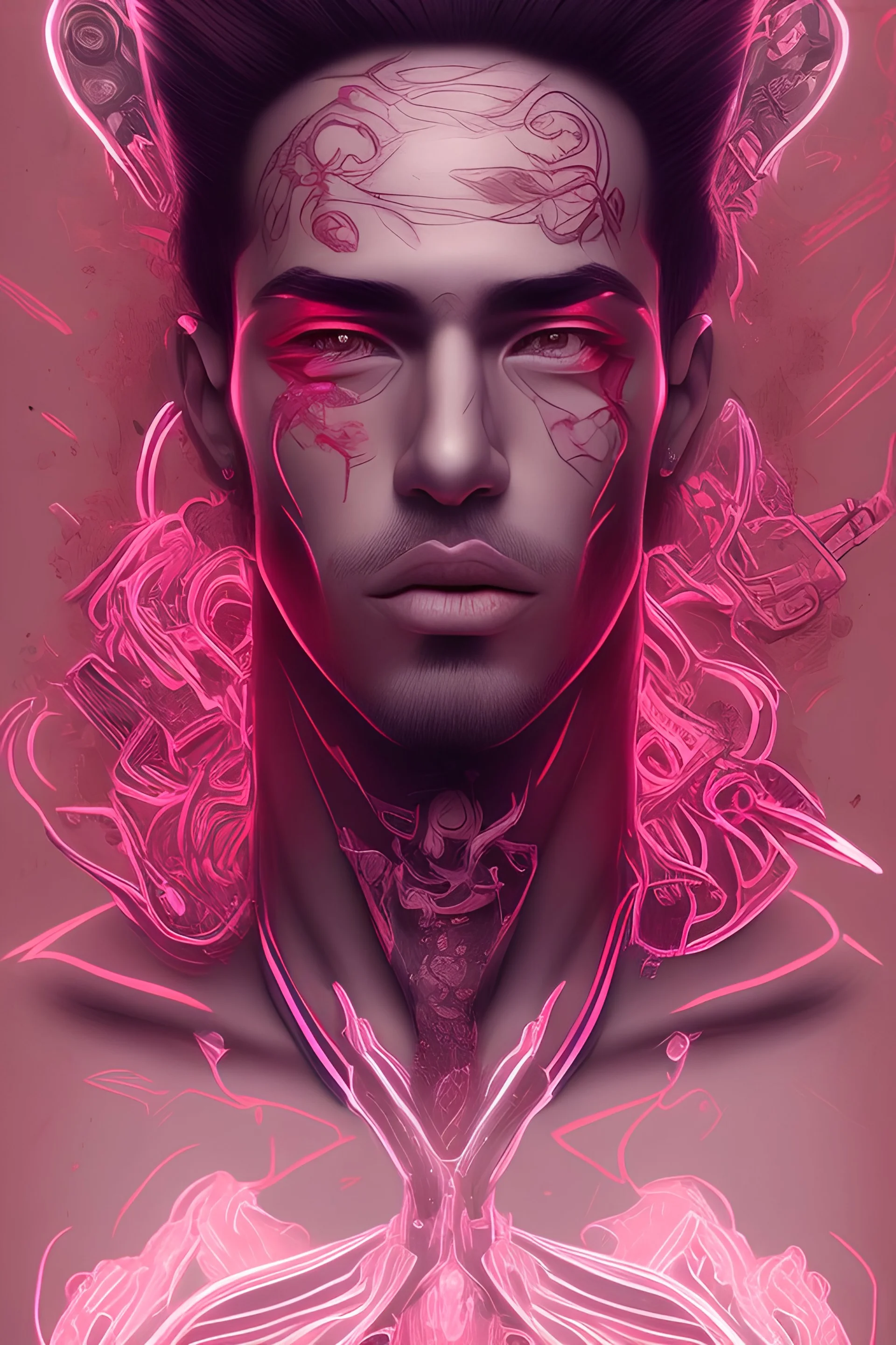 Cartoon style brown guy with fade charactor with the word lust tatoo on his neck with neon pink power