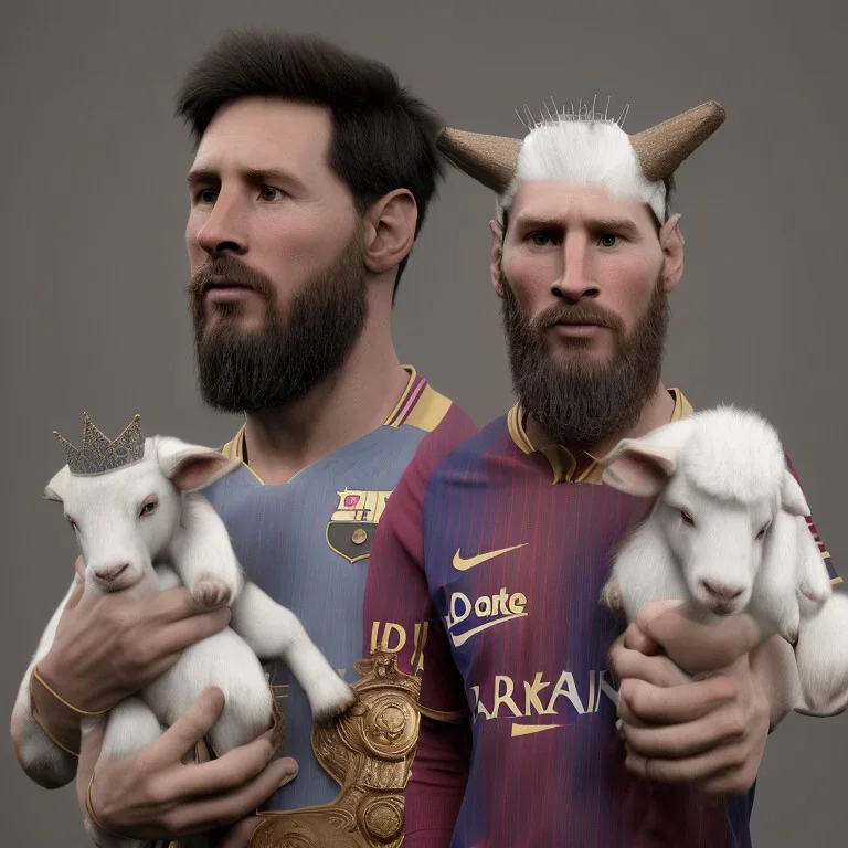 messi as king with wearing crown and king stuffs and clothes and holding a little white goat on his hand ,hyperrealistic,8k,detailed,rendered.texrured.