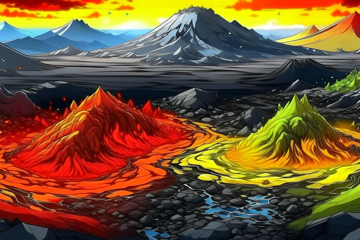 acidic soil in anime style with lava and mountains , red white yellow black colors , magic the gathering style, realistic style