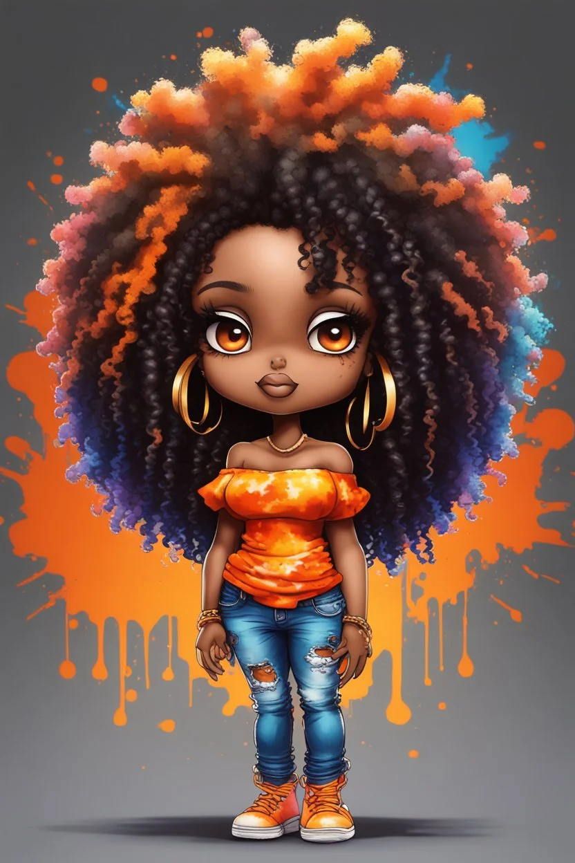 create a colorful abstract graffiti art image 8k of a chibi curvy black female wearing torn jeans pants and a orange tie dye off the shoulder blouse. Prominent make up with hazel eyes. Highly detailed long tight curly afro in a hair wrap.