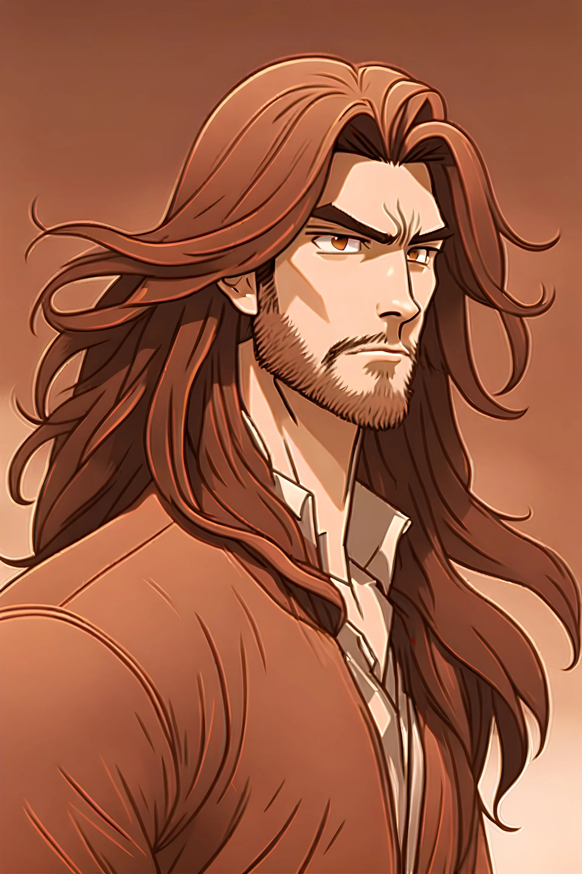 This is an illustration of a man with long hair, rendered in a cartoon style. The figure is skillfully drawn, with great attention to detail, much like a character one might find in an anime or manga. The artist used a dominant brown color palette, with a rich brown foreground and background, giving the character a warm, earthy tone. The animation style is reminiscent of a fictional character from a popular anime or manga series. The man's face and hands are slightly blurred, which adds an i