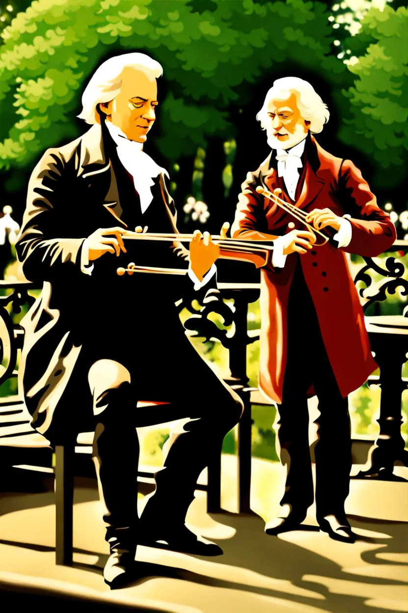 Mozart and Tchaikovsky jamming in a park bandstand