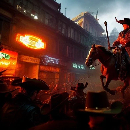 Cthulu attack Cowboy in a chaotic wild western town, 8k resolution concept art. Huang Guangjian, Jean-Baptiste Monge, Ian Miller, Dynamic lighting. Hyperdetailed, intricately detailed. Trending on Artstation. Triadic colors Unreal Engine 5. Vray. Volumetric lighting. WLOP. Dynamic action oriented. Splash Art