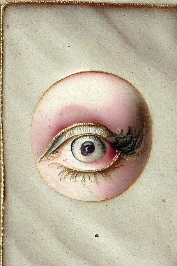 Set in rose-gold, mesmerizing—and bizarre is a Lovers Eye, Part-portrait, part-jewel, the miniature portraiture of a single eye of a beloved, painted with watercolor on ivory,18th century style, the beloved's eye floats uncannily against a monochromatic background. No other facial features anchored it, except an eyebrow. All focus on the composition’s core of a dark iris gazes ardently from behind a soft, love-drunk lid. Lovers eye portraiture, romantic, realism, Victorian, surrounded by blue ve