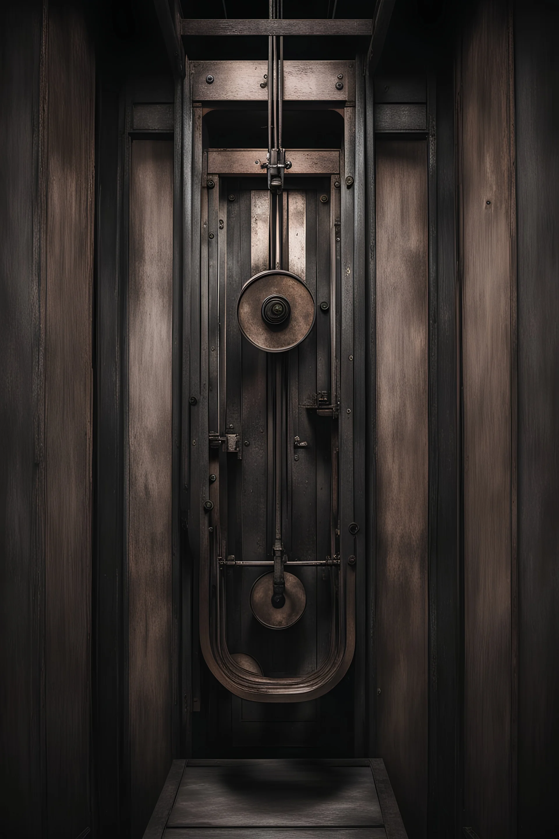dark old fashioned pulley elevator from the inside no background