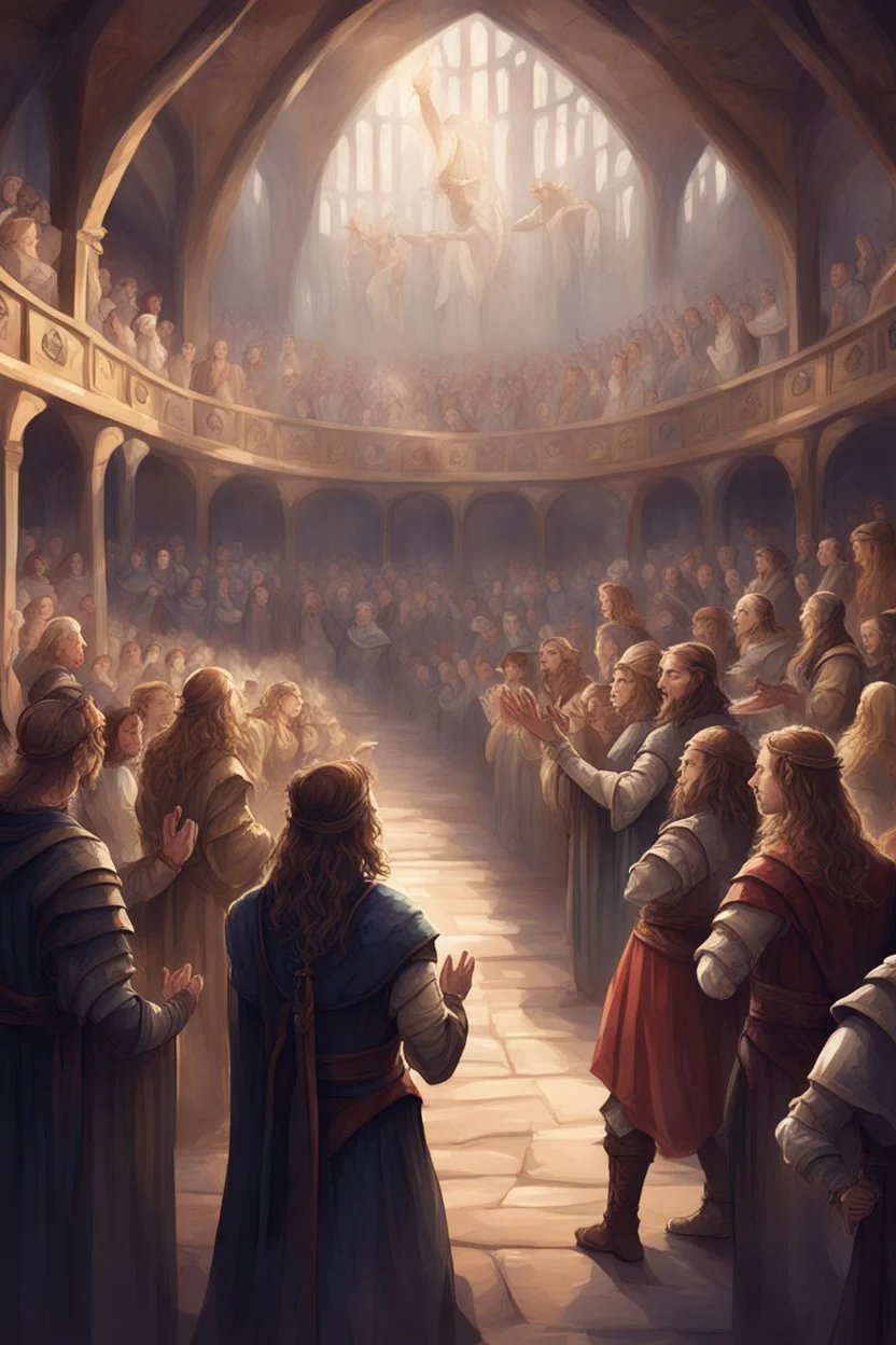 illustration fantasy medieval people applauding in arena stalls