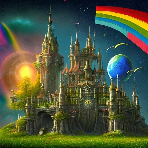 Realm of witches, septagram, strange trees, rainbows, wiccan castle on horizon, water made of glass, sun moon and planets with stars in the sky