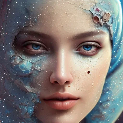 dripping watercolor paint as woman's face, dissolving, disintegrating, wearing blue hijab, fine detail, highly intricate, wearing blue hijab, modern surrealism painting, fog, high-quality, volumetric lighting, 8k, ultrahd, George Grie, Marco Escobedo, Igor Morski,Brian Froud, Howard Lyon, Selina French,