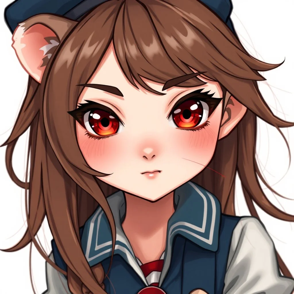 a close-up headshot of a chibi woman with long brown hair, red eyes, brown ferret ears, a mischievous expression, American clothes, intricately detailed, masterpiece