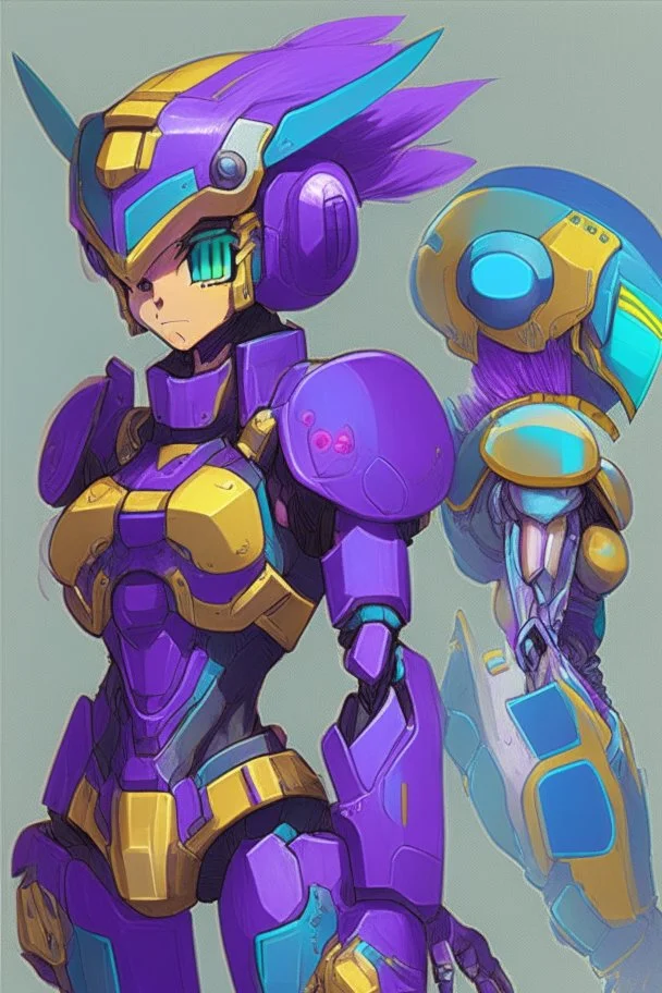 A Genderless Cyborg made of metal, has a human like face with a really long violet ponytail, the cybord is wearing armor similar to Megaman. The color palatte of the armour is deep purple and yellow. The Cyborg is not wearing a Helmet, and has Turquoise colured eyes.