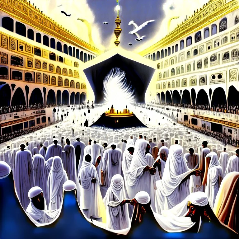 The scene in Mecca: People wearing white Ihram clothes, men without head coverings, women with veils, circumambulating around the Kaaba, and above them are transparent white spirits of children, men, and women with wings revolving around the Kaaba.