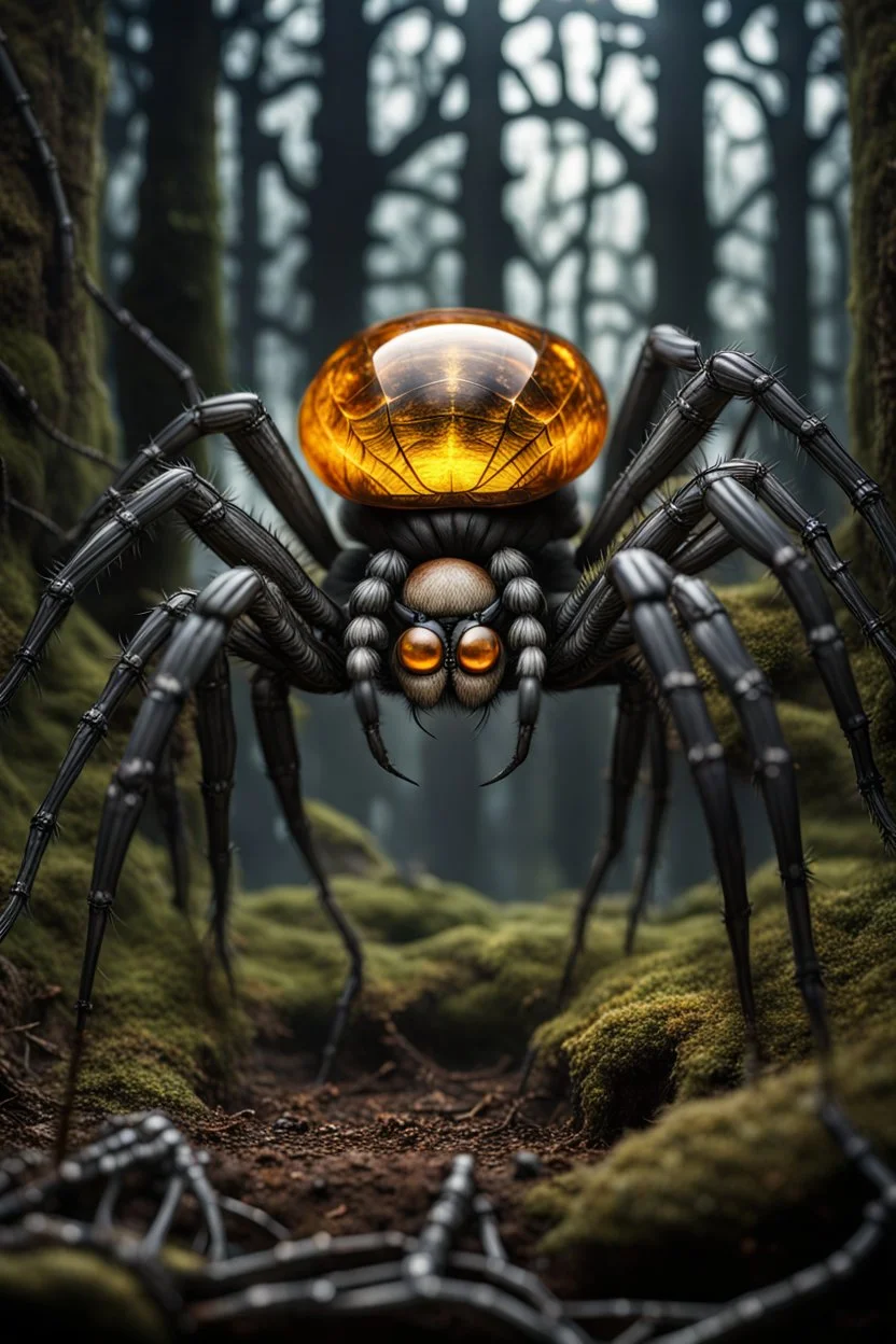 The giant spider full body, full shot,forest,Sony Alpha 7 50mm 1.8,medium shot, high-resolution image with fine details, citrine, ultra detailed,ultra realistic,extremely realistic,intricate,photorealistic,epic composition,masterpiece,H.R.Giger style