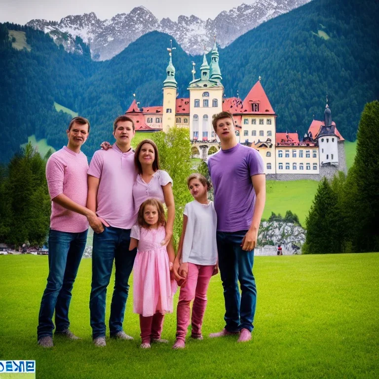 Family posing for a picture in front of an Austrian castle, Alps, 8k, HD, cinematography, photorealistic, Cinematic, Color Grading, Ultra-Wide Angle, Depth of Field, hyper-detailed, beautifully color-coded, insane details, intricate details, beautifully color graded, Cinematic, Color Grading, Editorial Photography, Depth of Field, DOF, Tilt Blur, White Balance, 32k, Super-Resolution, Megapixel, ProPhoto RGB, VR, Halfrear Lighting, Backlight, Natural Lighting, Incandes