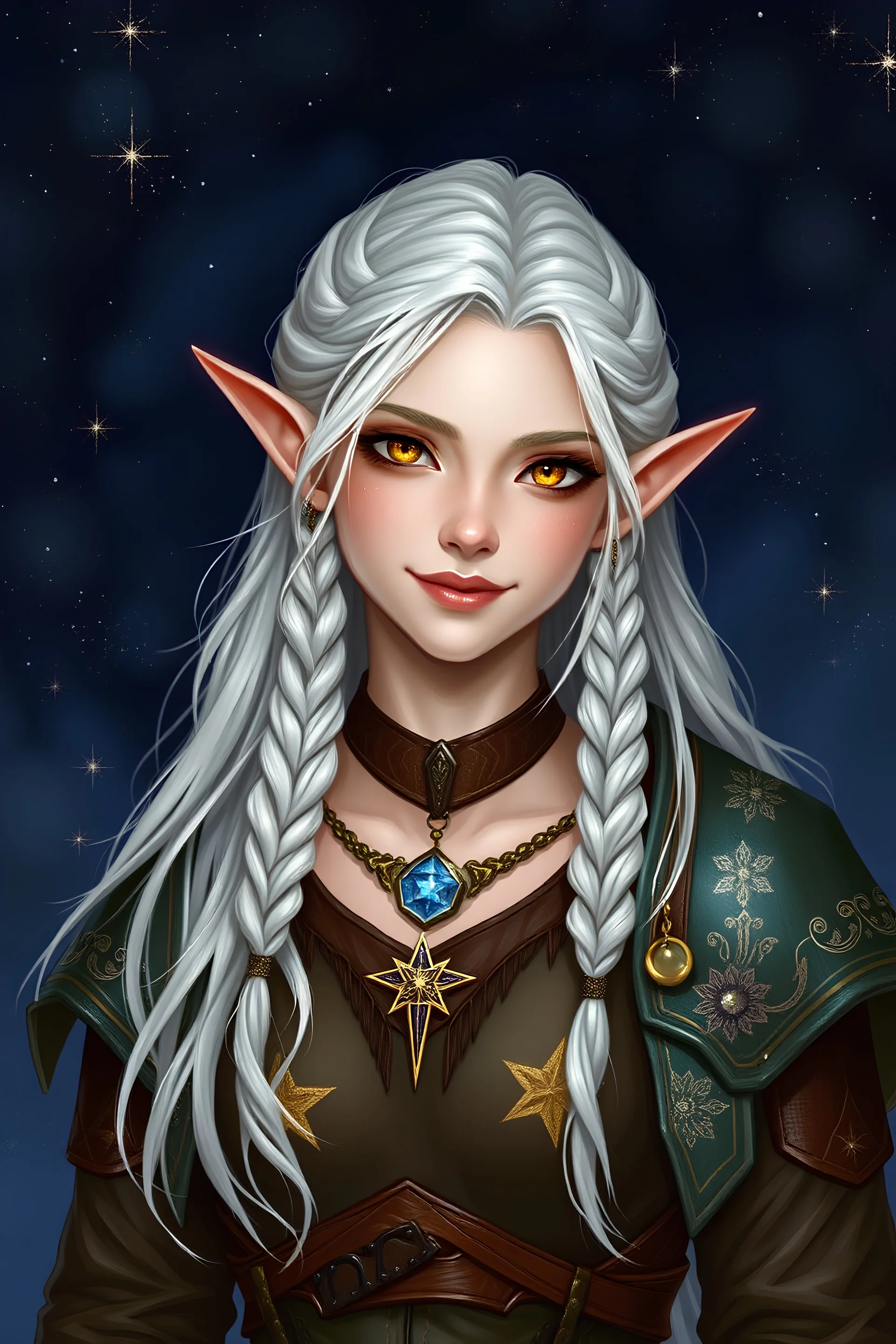 Circle of Stars Druid from dnd. She is a high elf with medium length white hair, some of it pulled back in small braids with glitter, with gold eyes. Background should show the night sky. Her outfit should have star imagery on it and be leather armor but still look nature inspired as she is a druid. She should also have a dreamy smile on her face. She appears almost draped in silver starlight. She is wearing a small necklace that looks like a star is contained inside